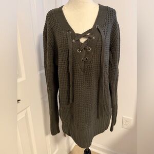 Ruby Moon Charcoal Waffle Knit Lace-Up V-Neck Sweater